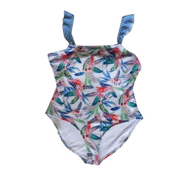 Oasis Ruffle Tropical Floral One Piece Swimsuit XXL Blue White - Picture 13 of 16